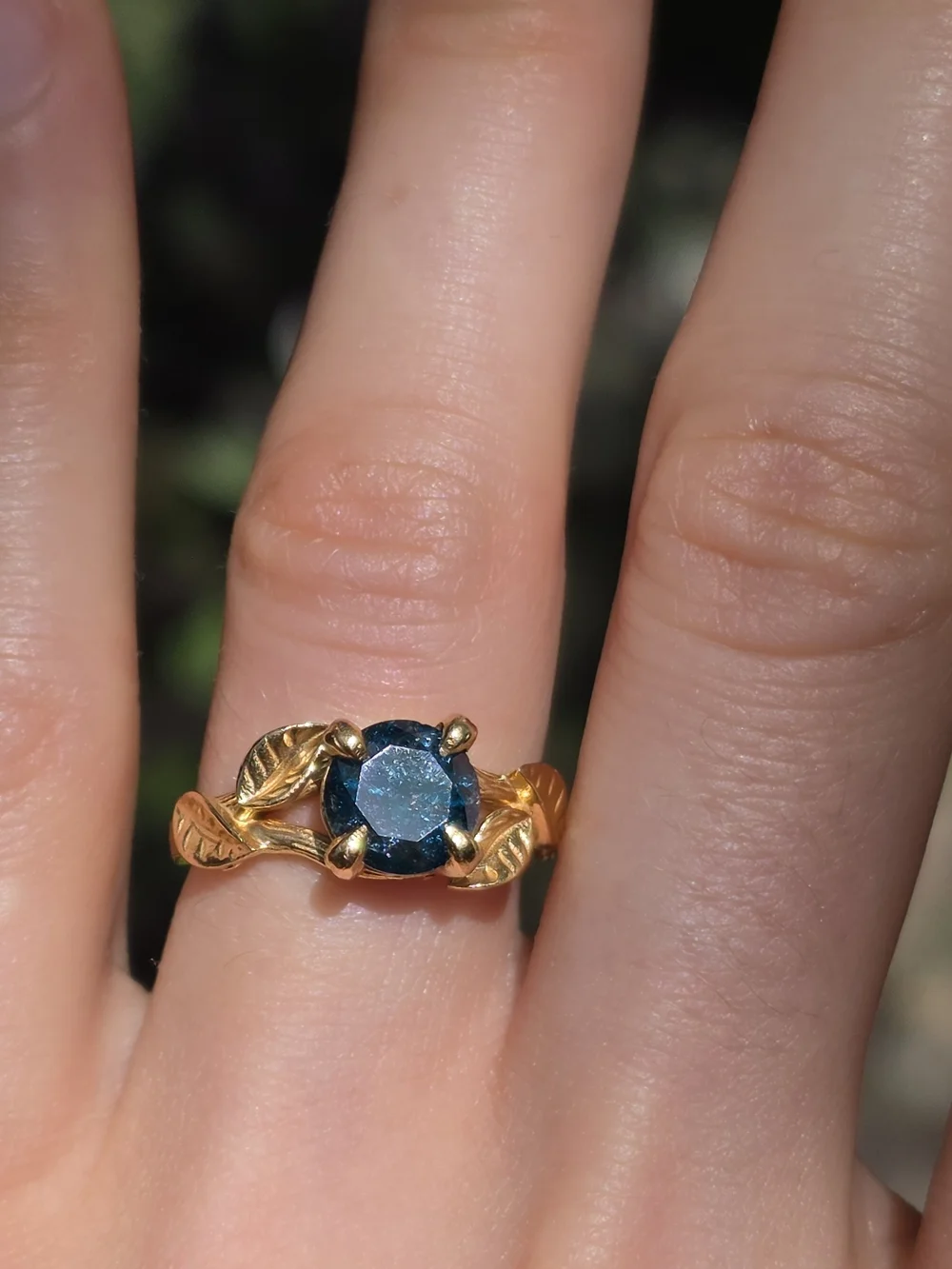Gold Leaf Band Ring with Deep Teal Gemstone